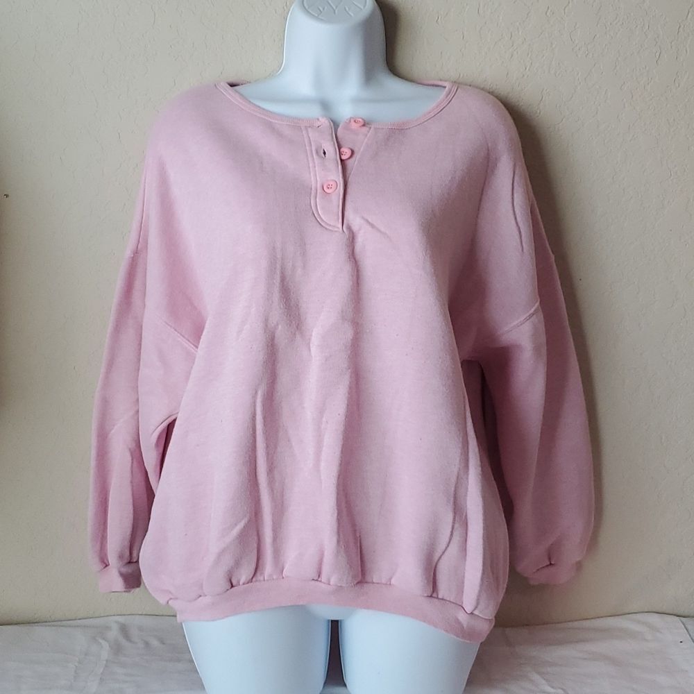 VTG 90s Trend Basics Pink Henley Sweatshirt 20W XXL 3/4 Sleeve Pastel Retro